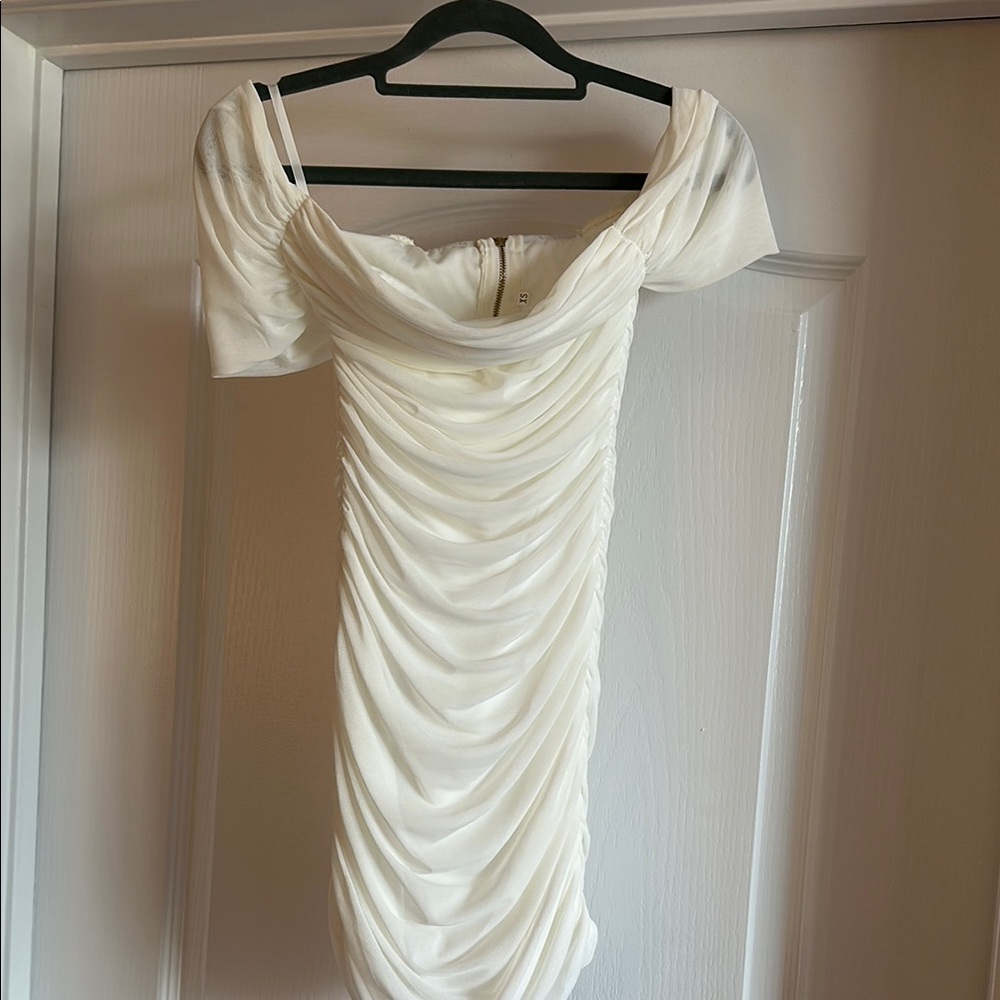 White Cream Ruched Off-the-Shoulder Mini Dress
